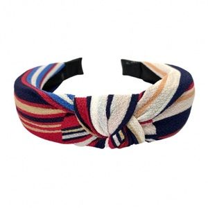 Red Cream Tan Blue Striped Knot Wrapped Headband